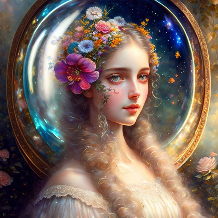 Digital artwork: Woman with floral crown, ethereal aura, star-studded fantasy theme