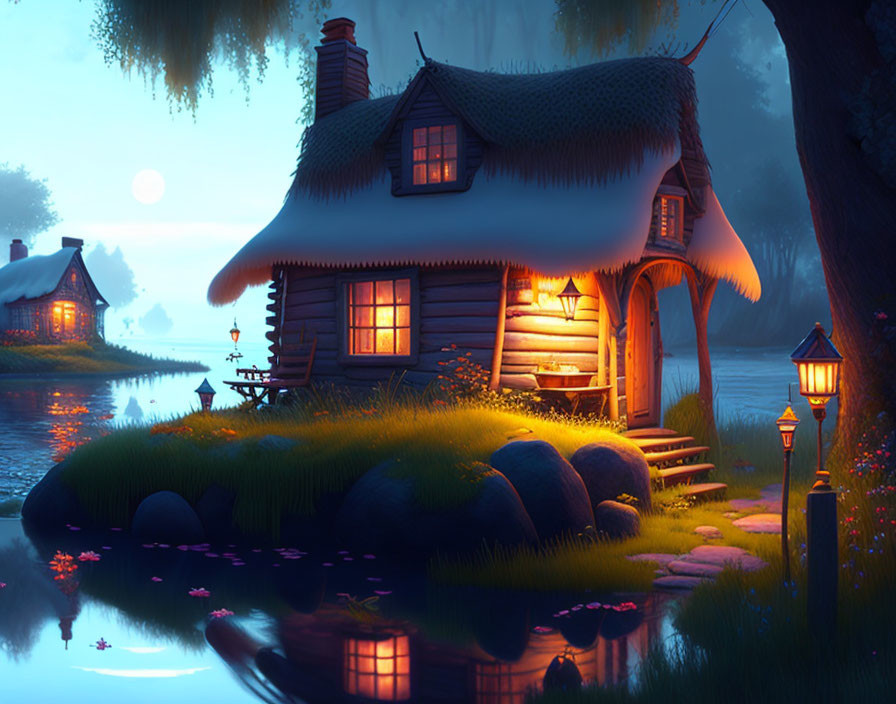 Thatched roof cottage by serene lake at twilight