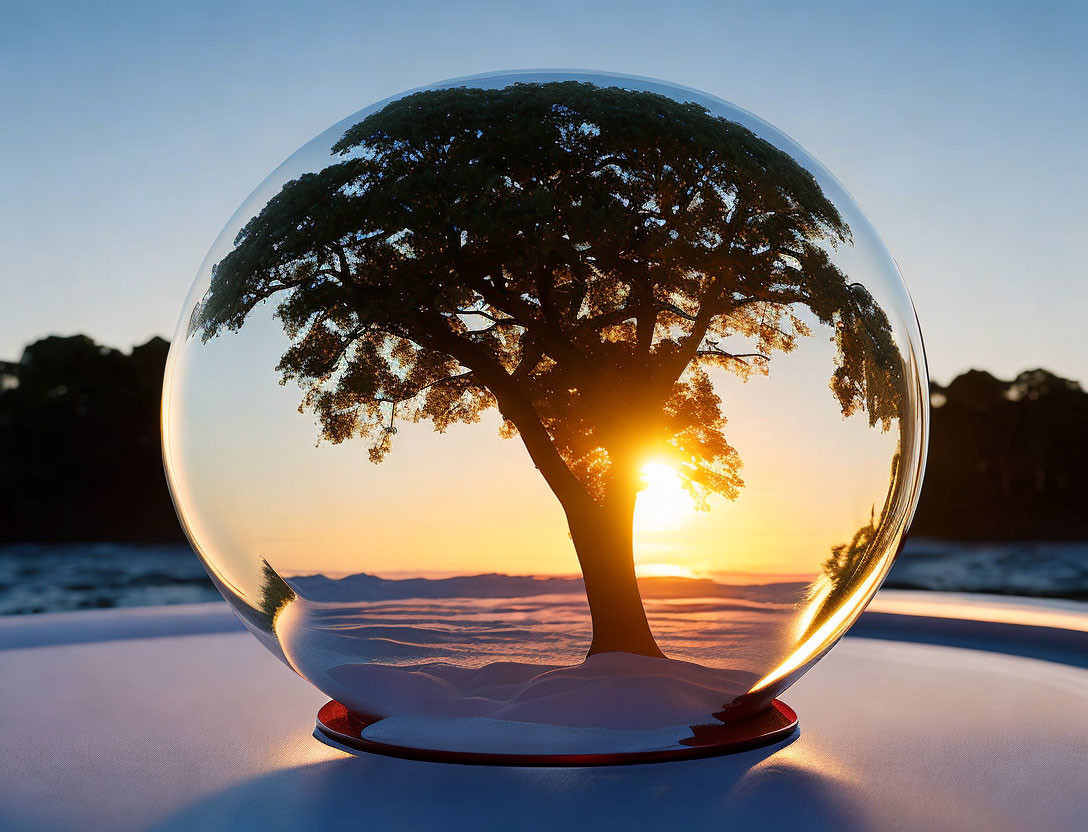 Glass Sphere with Tree and Sunset Backlighting Outdoors