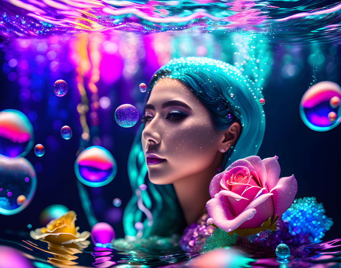 Colorful digital artwork: Woman underwater with bubbles and flowers