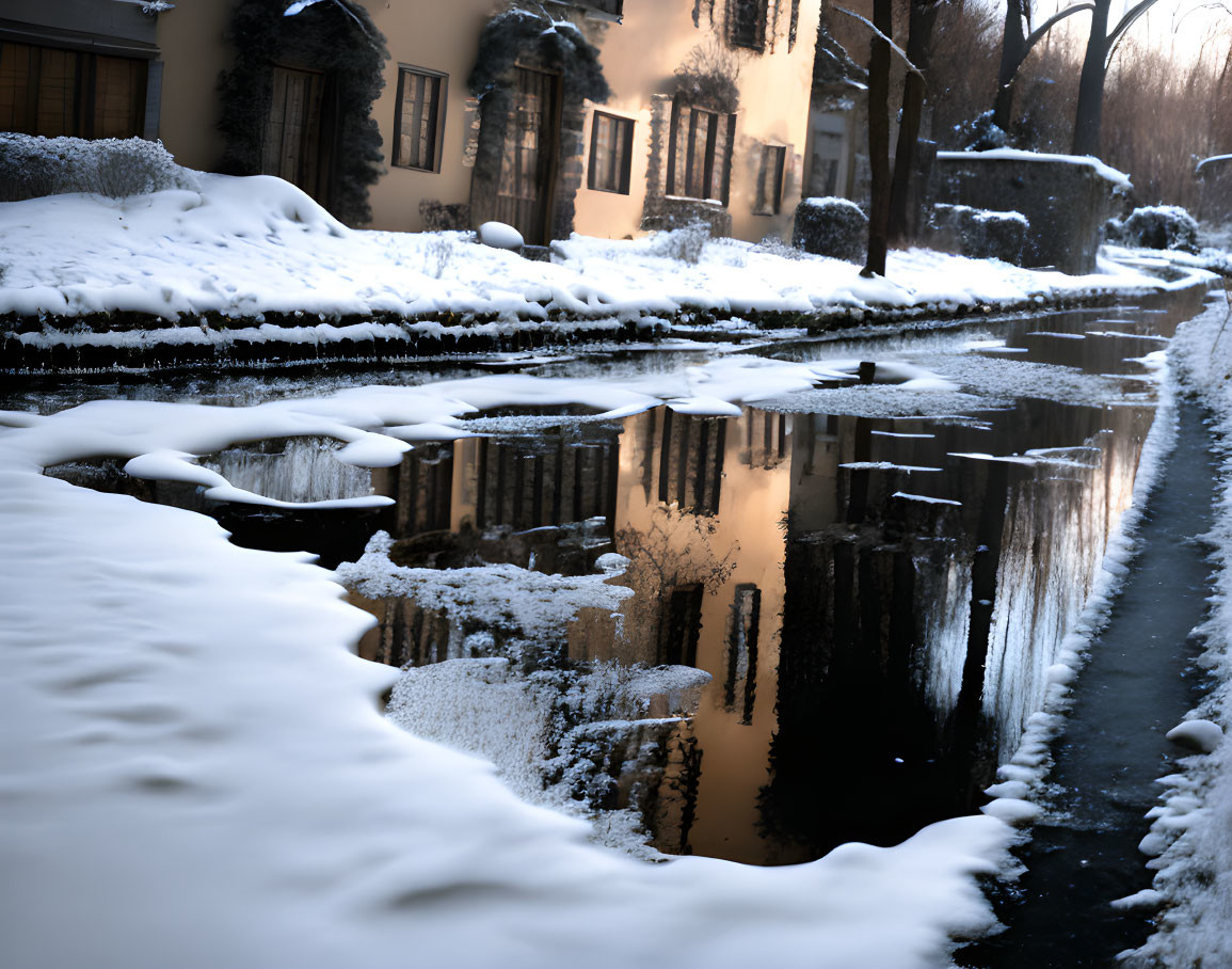 Snow-covered winter landscape with bare trees and buildings reflected in a calm canal