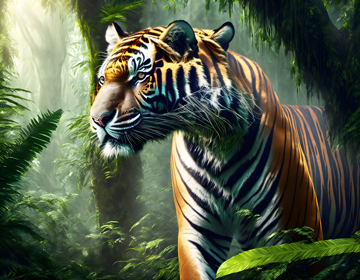 Majestic tiger with striking markings in lush green jungle