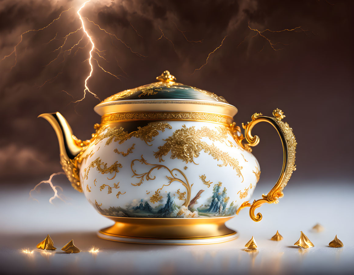 Golden teapot with intricate patterns against stormy backdrop.