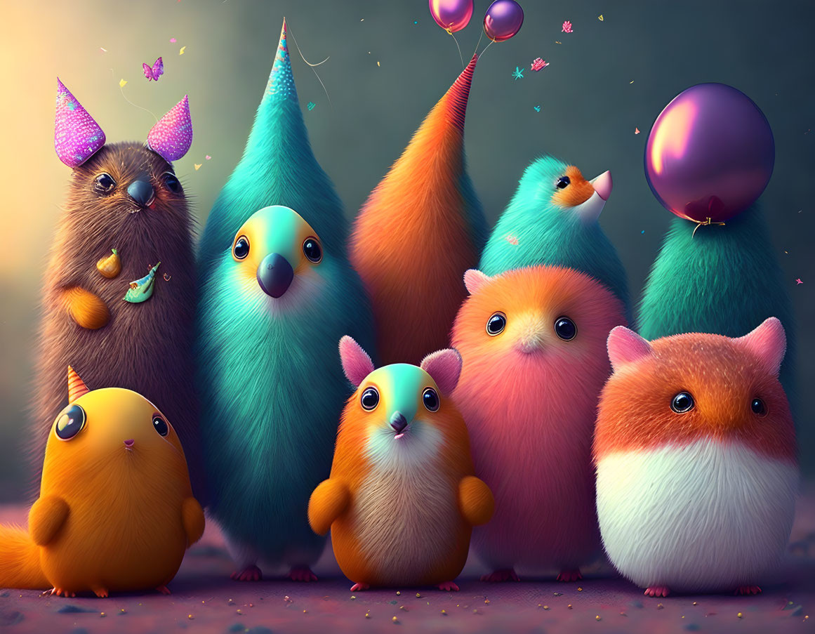 Whimsical creatures with fluffy fur and party hats celebrate together