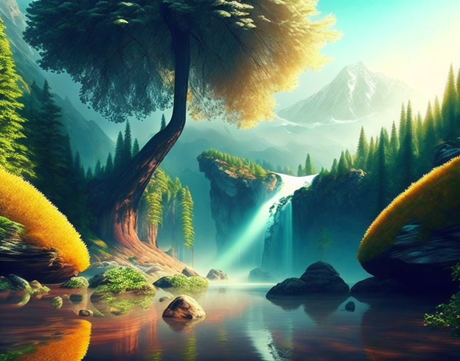 Tranquil landscape with vibrant waterfall, lush greenery, serene river, towering tree, and mountains