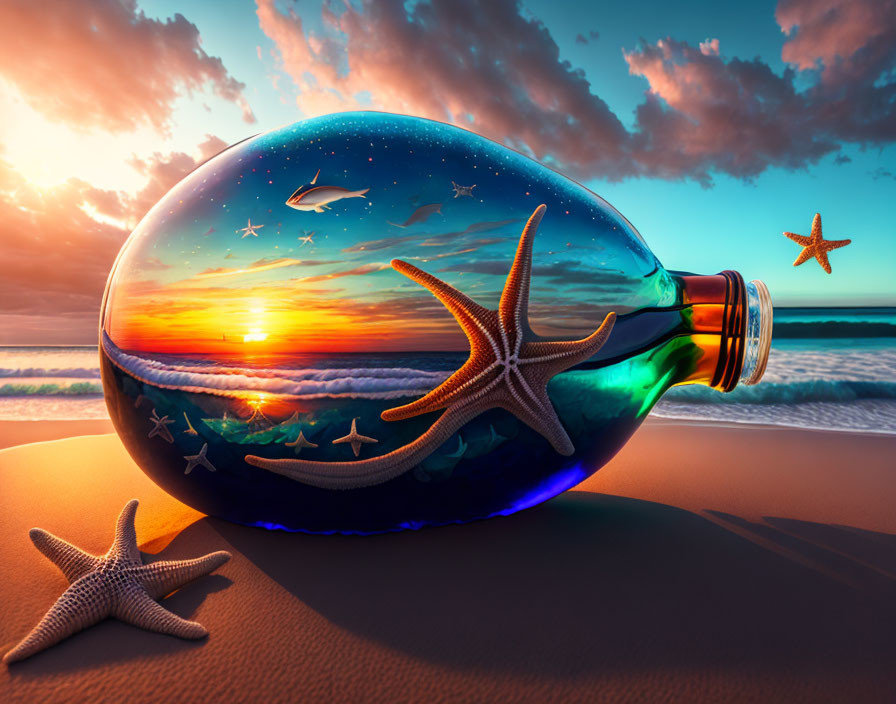 Surreal light bulb on beach with ocean ecosystem and starfish against sunset