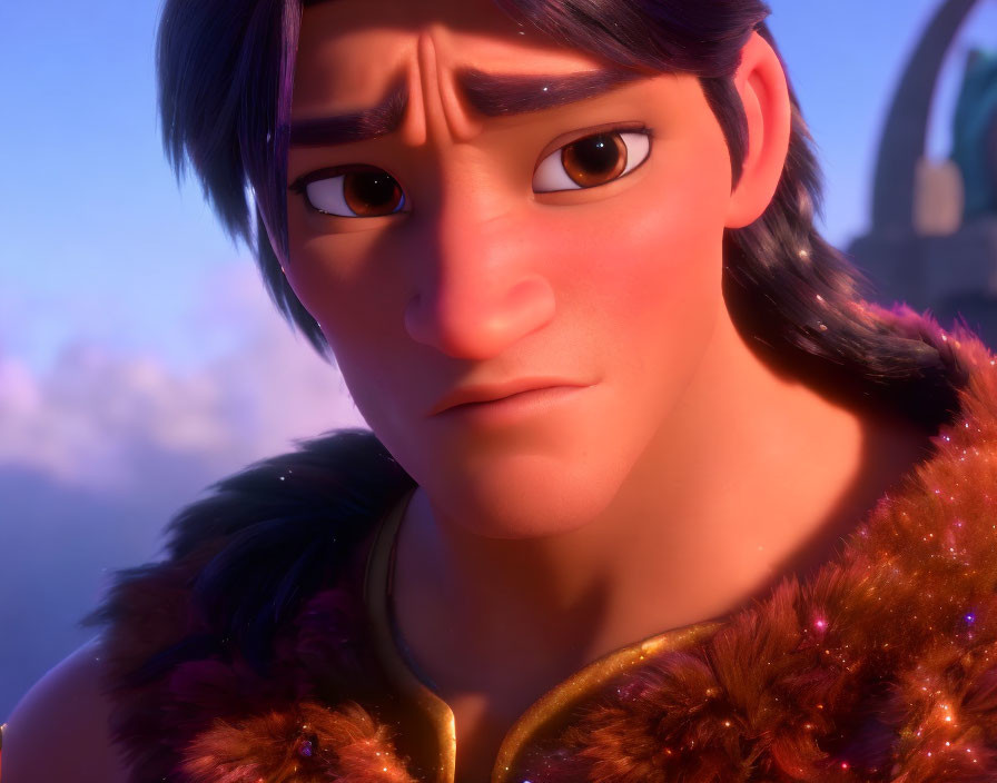 Close-up of animated male character with worried expression and thick eyebrows, wearing fluffy collar in blurry background