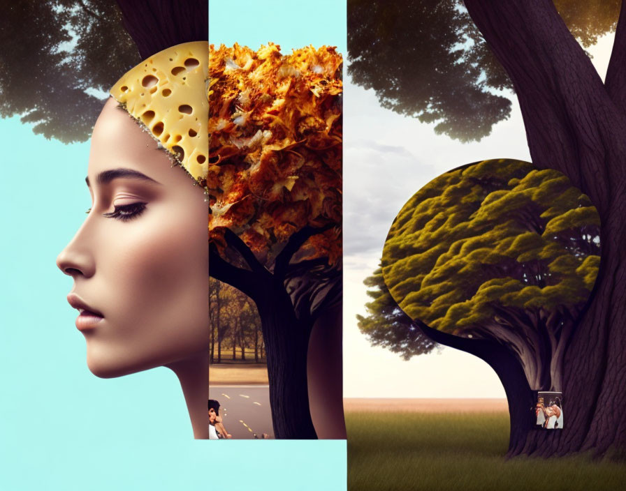 Surrealist image: Woman's profile merges with trees, cheese, autumn leaves, lush treet