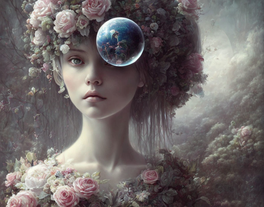 Woman with Floral Headpiece and Globe in Ethereal Forest Setting