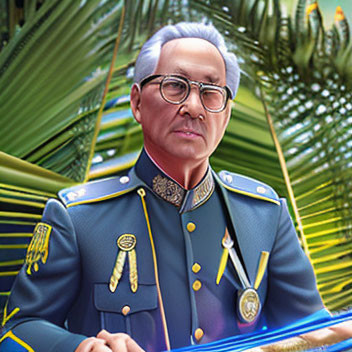 Elderly man in blue military uniform with medals, palm leaves backdrop