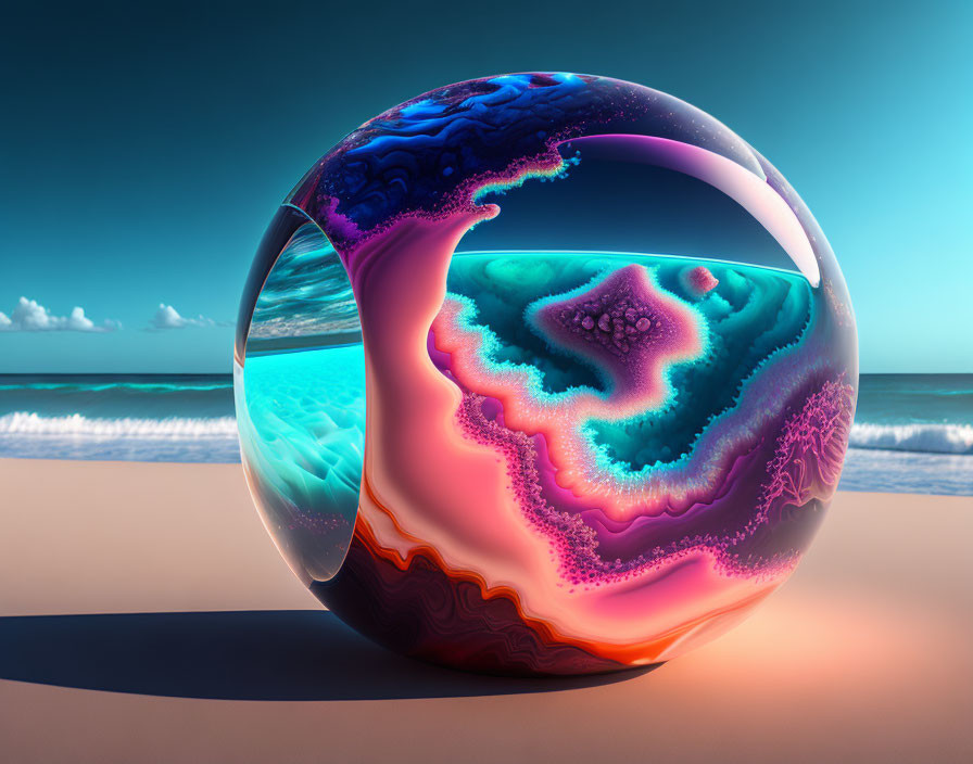 Vibrant psychedelic crystal ball on sandy beach with turquoise sea and blue sky