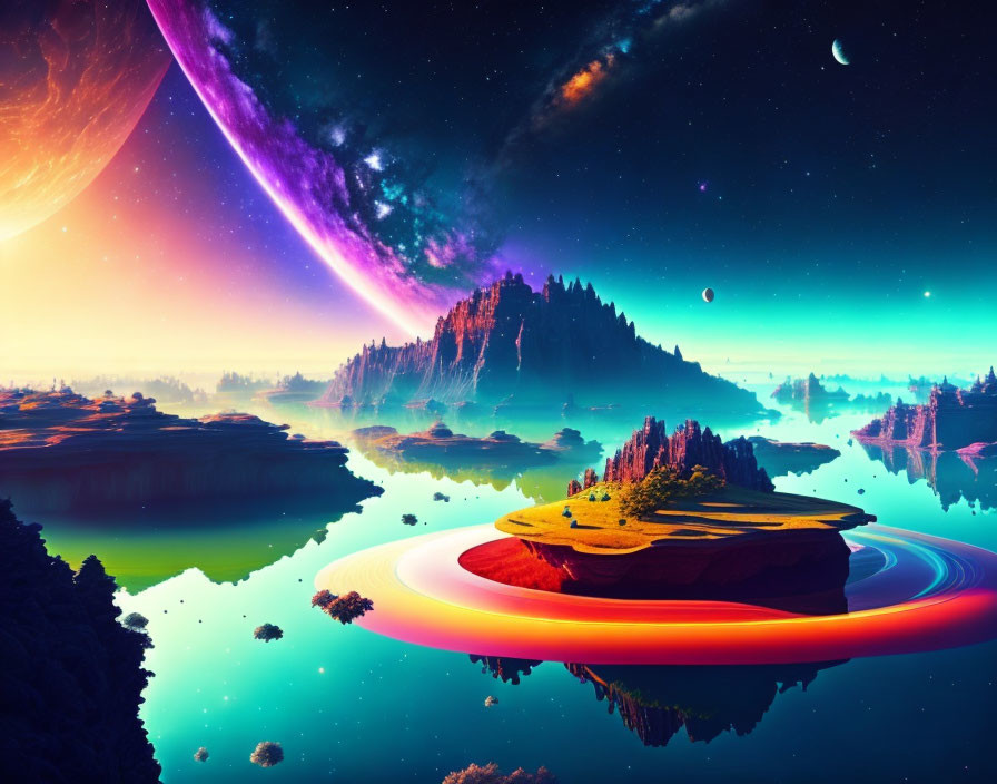 Colorful Sci-Fi Landscape with Floating Islands and Ringed Planet