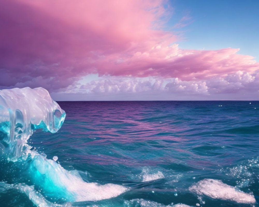 Vibrant ocean with turquoise wave under pink and blue sky