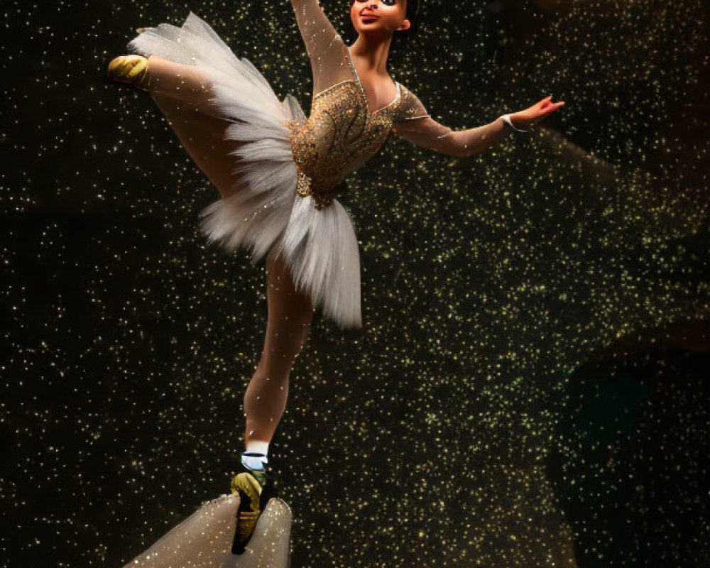 Feathered tutu ballet dancer on stage with sparkles