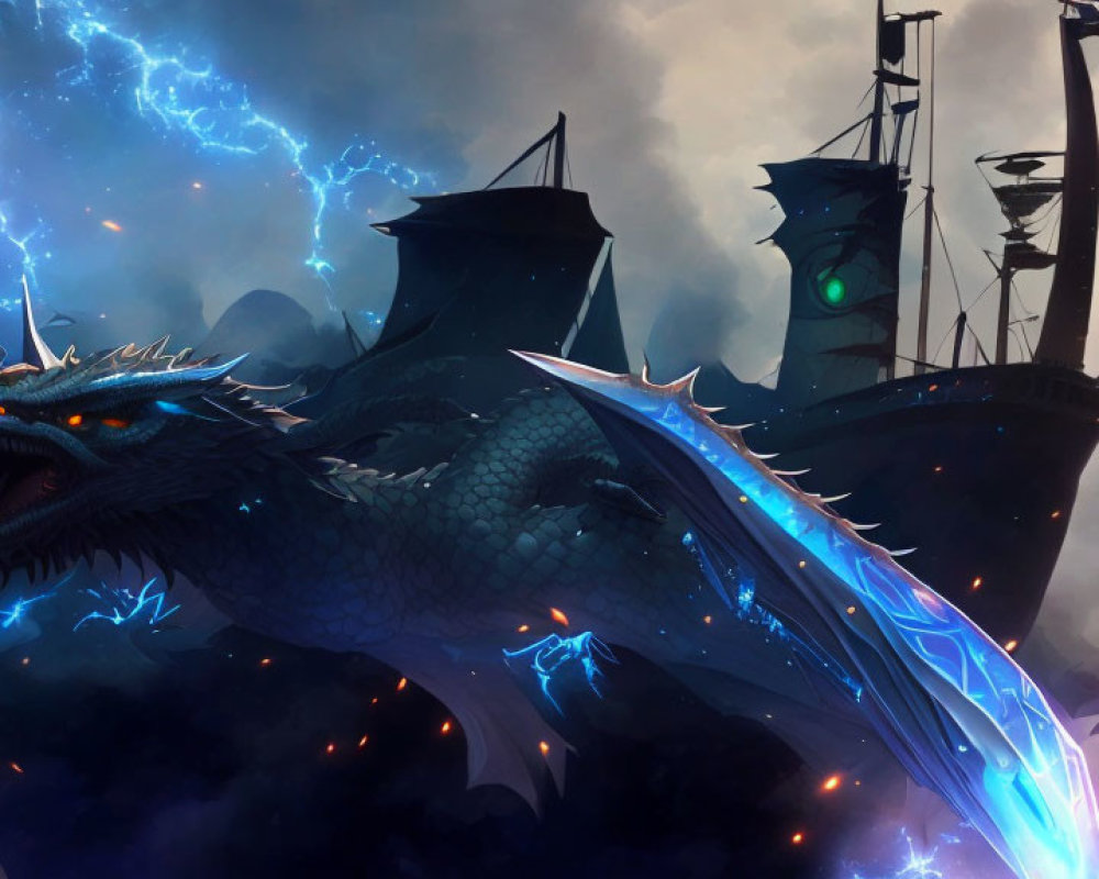 Blue Dragon Confronts Ship in Stormy Skies
