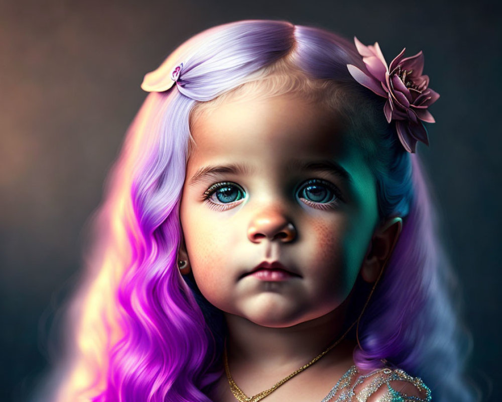 Young child with blue eyes and purple hair adorned with floral clips.