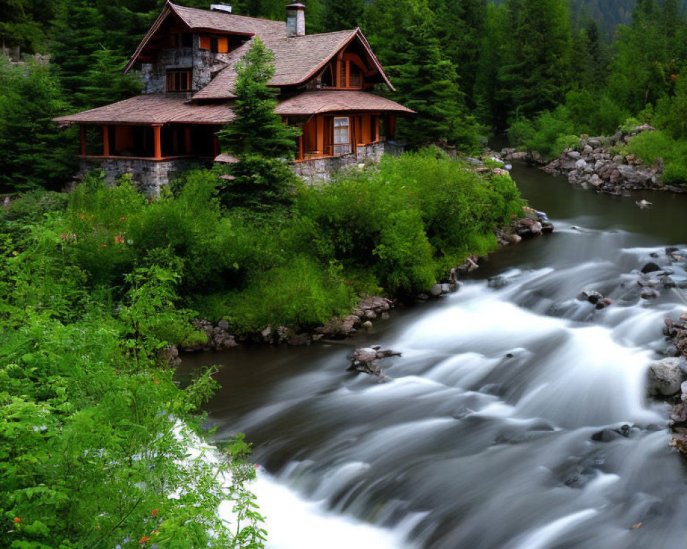 Rustic cabin in lush forest by flowing river with waterfalls