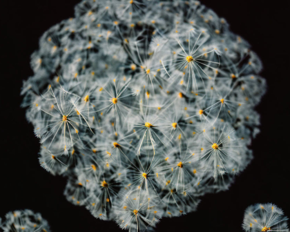 Detailed view of dandelion seed head on dark background