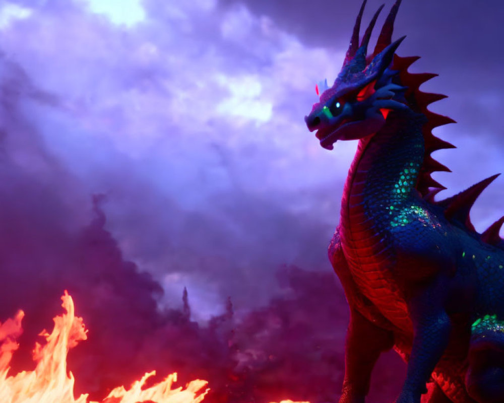 Colorful Dragon with Glowing Eyes in Fiery Sky