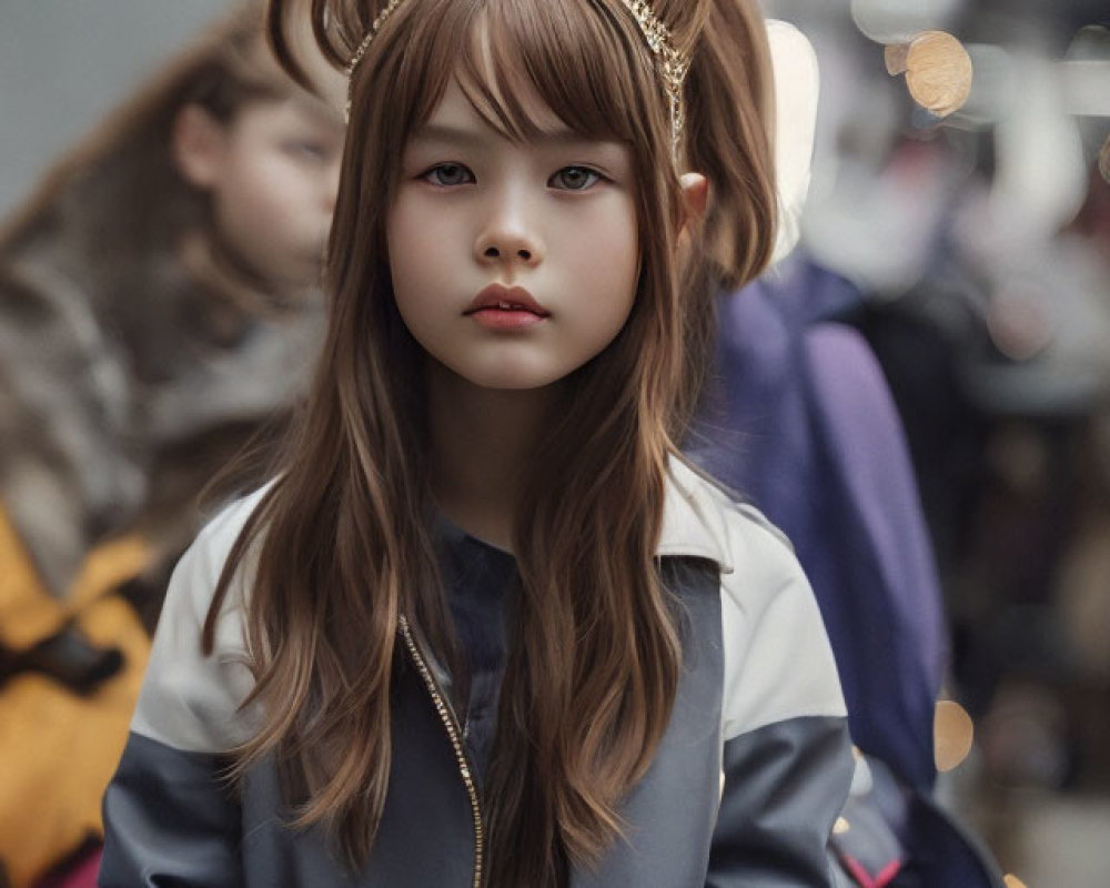 Young girl with crown and brown hair in urban setting.