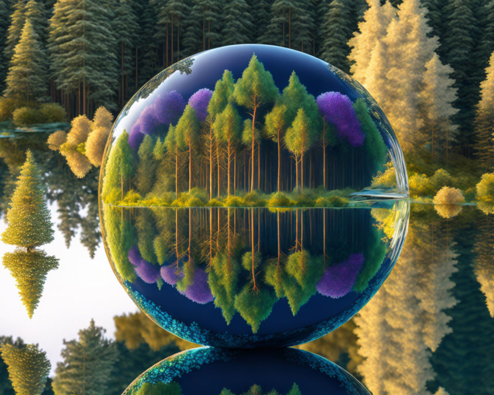 Colorful Inverted Forest Landscape Reflected in Crystal Ball