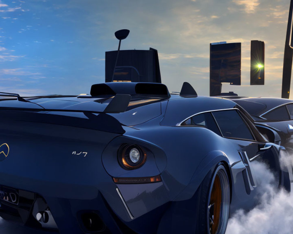 Two sleek futuristic sports cars racing at sunset in a cityscape with modern skyscrapers.