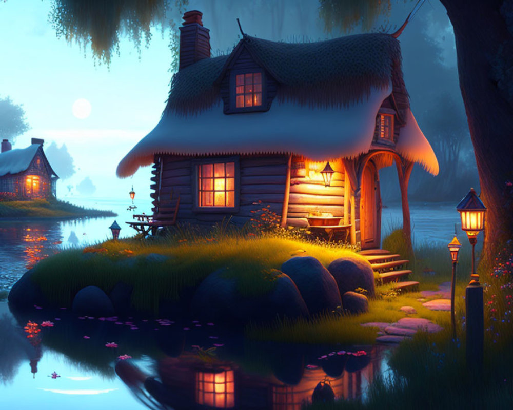 Thatched roof cottage by serene lake at twilight
