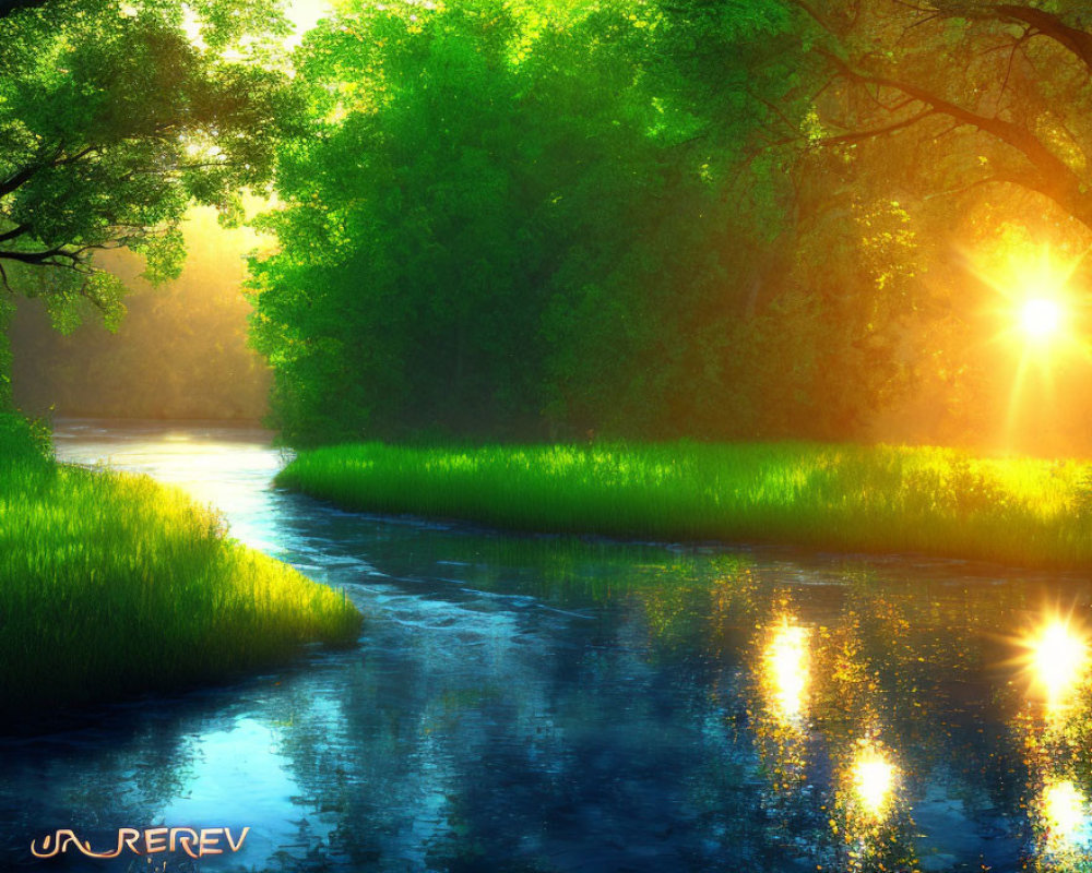 Tranquil Sunrise River Scene with Sunlight Through Trees
