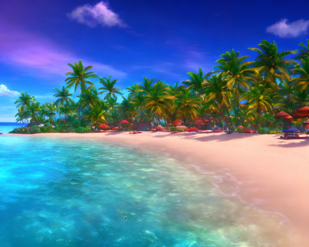 Tropical Beach Scene with Palm Trees and Colorful Umbrellas