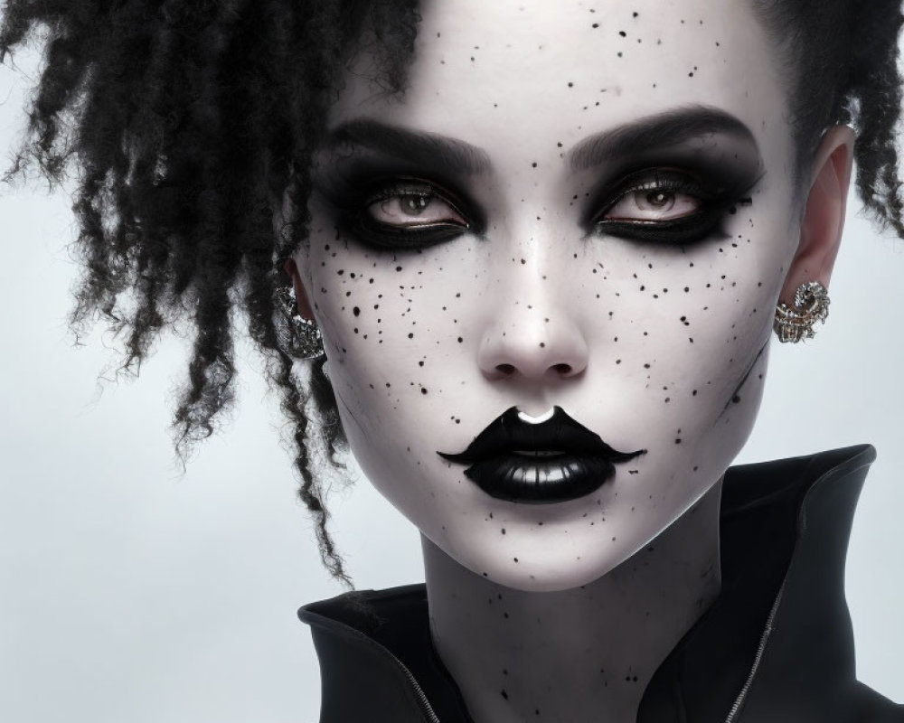 Person with Striking Black Makeup and Freckles, Black Lipstick, Intense Eyes, Black