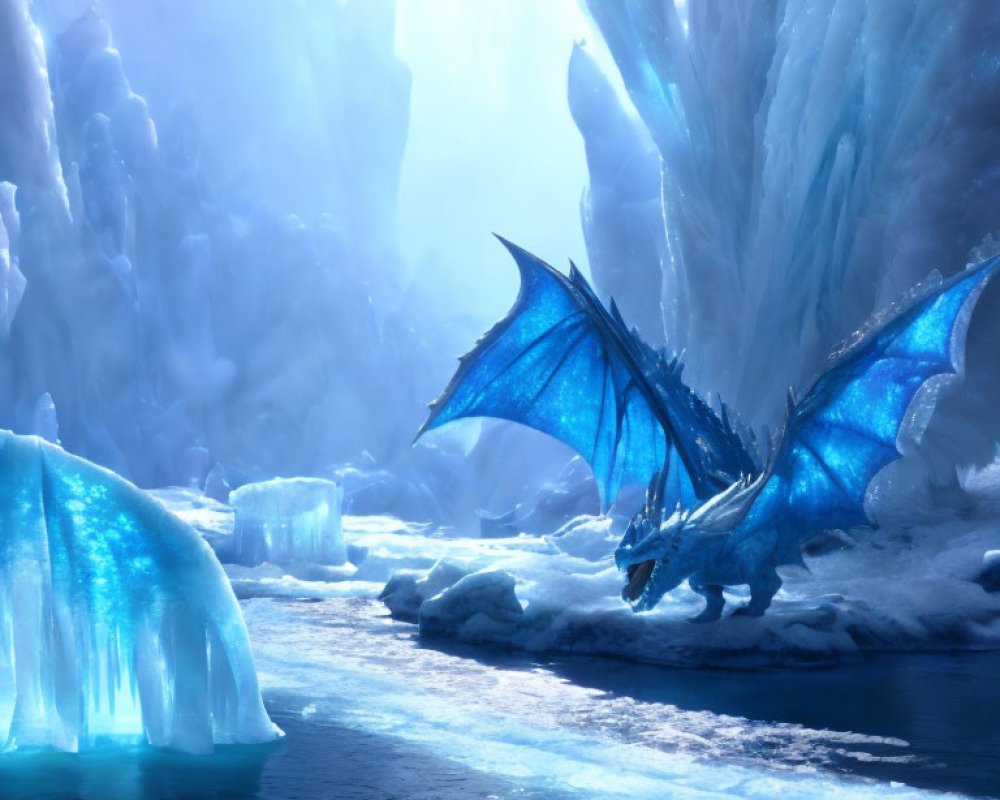 Majestic blue dragon in frozen landscape with towering ice formations