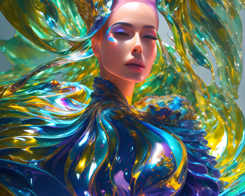 Colorful digital artwork: Person with iridescent hair and attire in blue, gold, and green