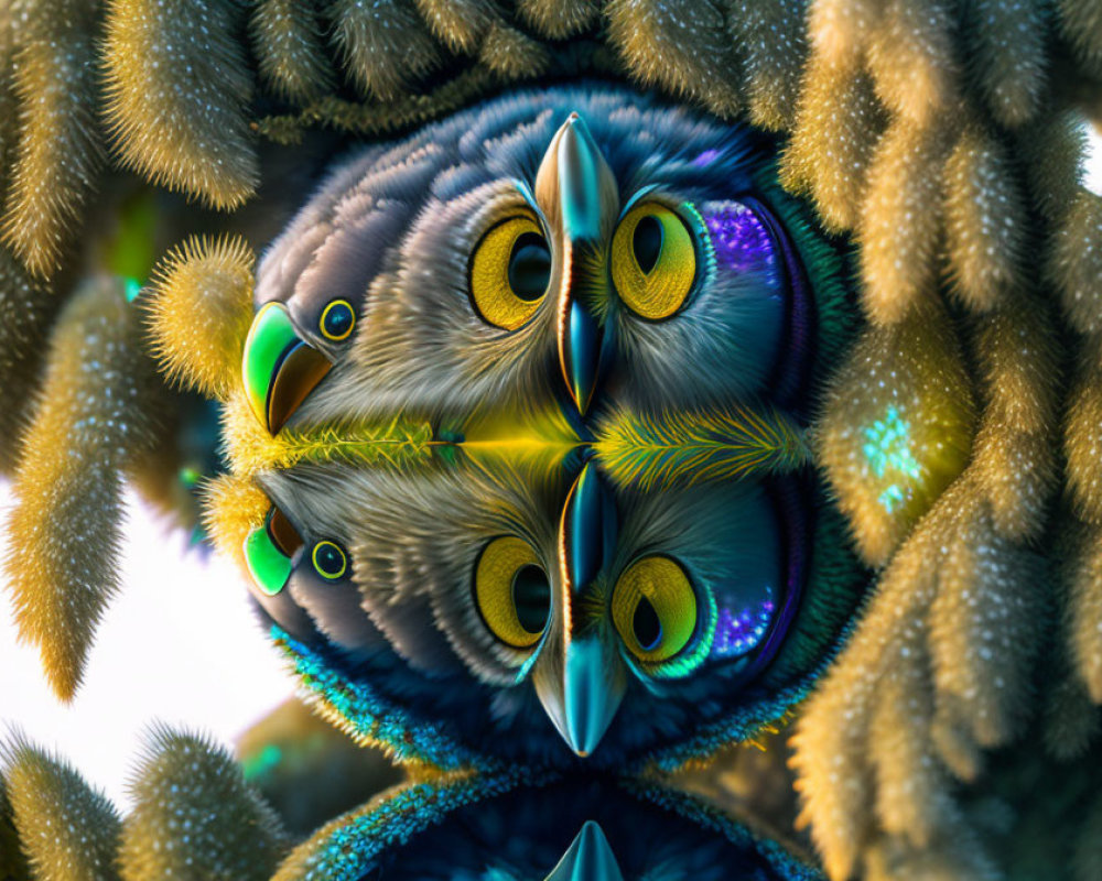 Symmetrical Owl Fractal with Vibrant Colors and Intricate Textures