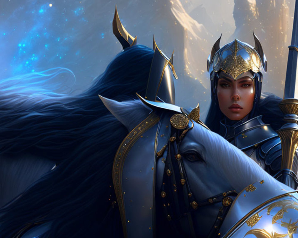 Majestic female warrior in blue armor on a blue horse under starry skies