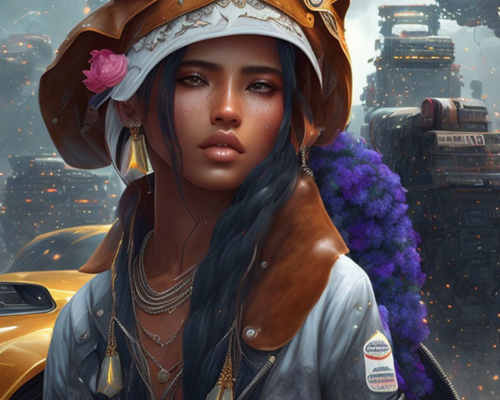 Detailed steampunk outfit woman with floral hat in futuristic airship backdrop.