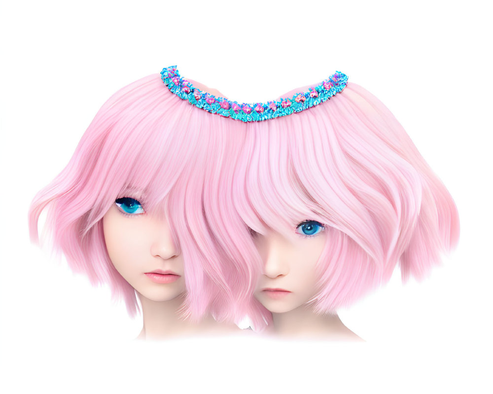 Identical Female Animated Characters with Pink Hair and Blue Eyes