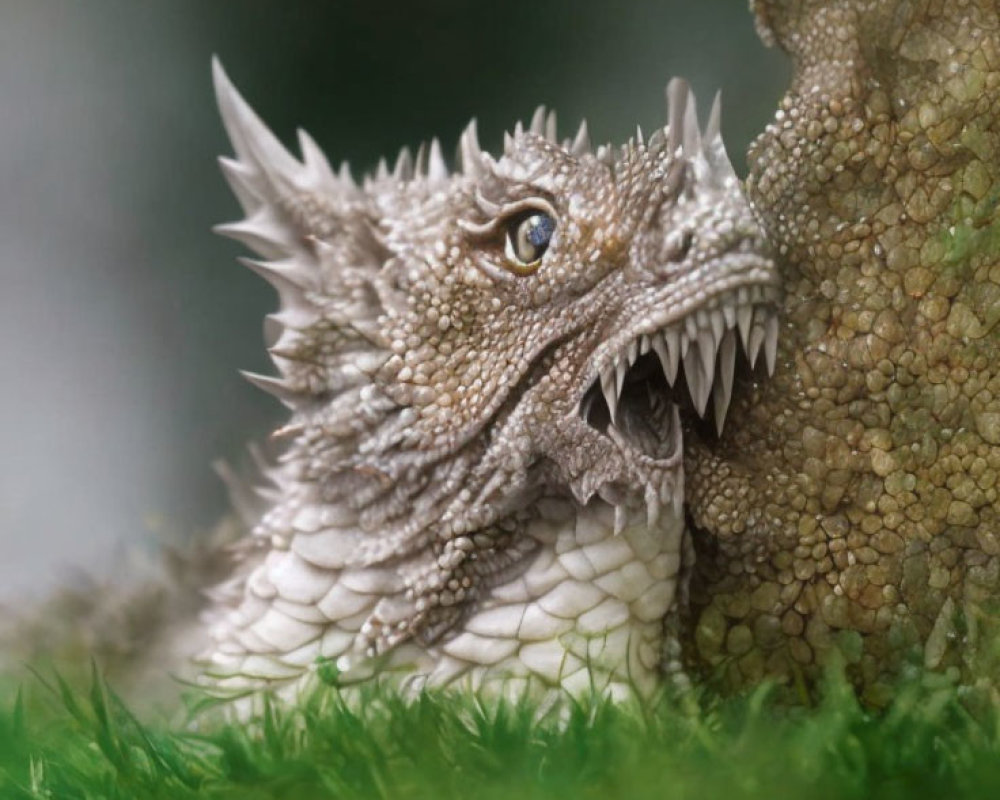 Detailed miniature dragon figure with textured scales and horns against blurred natural background