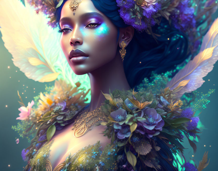 Fantasy portrait of woman with blue hair, floral adornments, wings, and magical glow