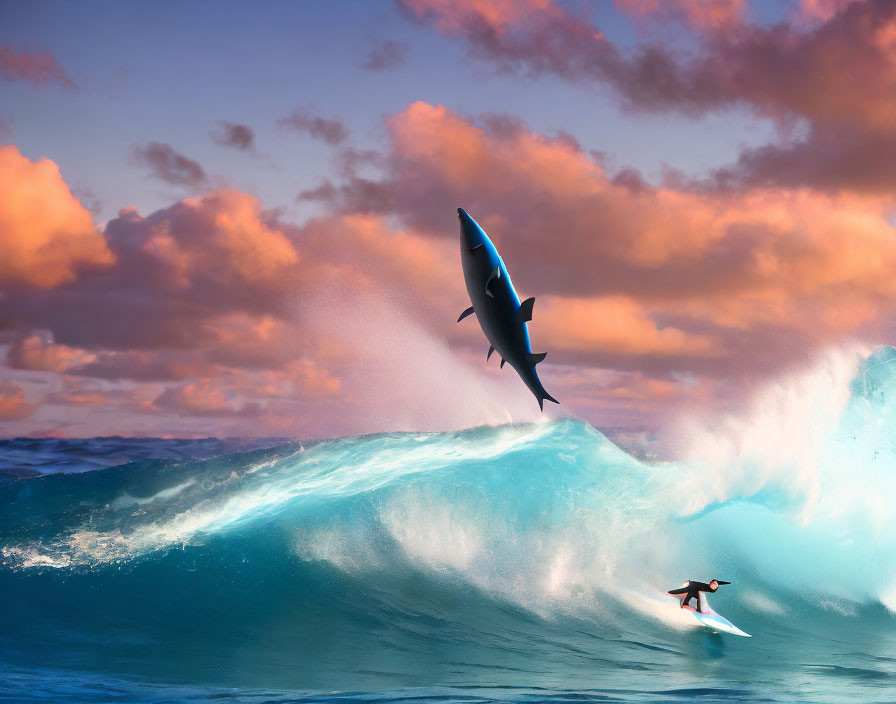 Surfer riding large wave with leaping shark in colorful sunset scene