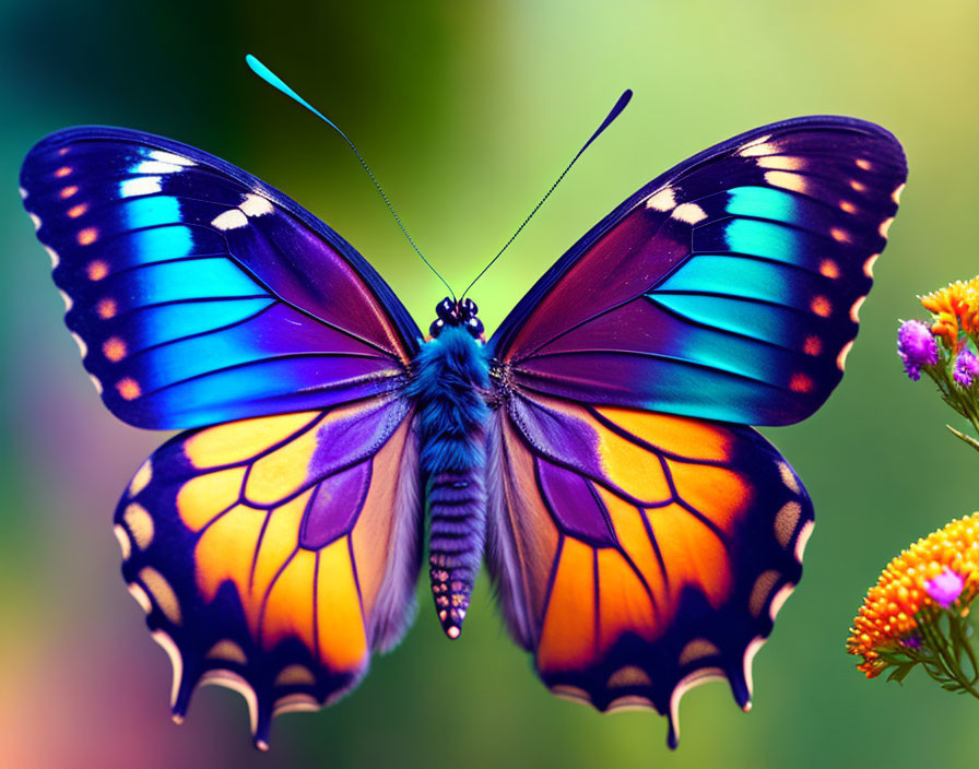 Colorful Butterfly with Blue and Orange Wings on Flower in Vibrant Garden