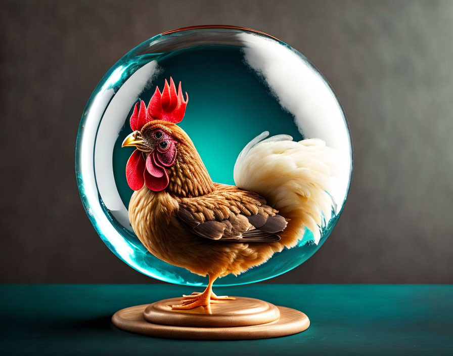Transparent glass sphere encasing a chicken on wooden stand with grey backdrop