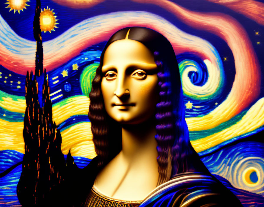 Fusion of Mona Lisa and Starry Night: Iconic smile in vibrant sky