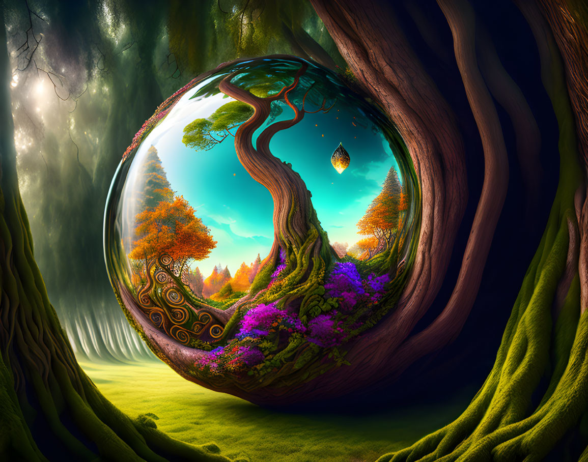 Colorful digital artwork: Reflective portal showing autumnal landscape