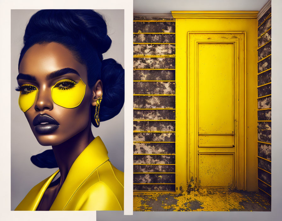 Fashionable Woman in Yellow Sunglasses and Blazer with Bun Hairstyle by Vibrant Yellow Door