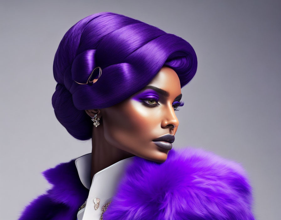Digitally created woman with vibrant purple hair, turban-style, makeup, white outfit, fluffy purple