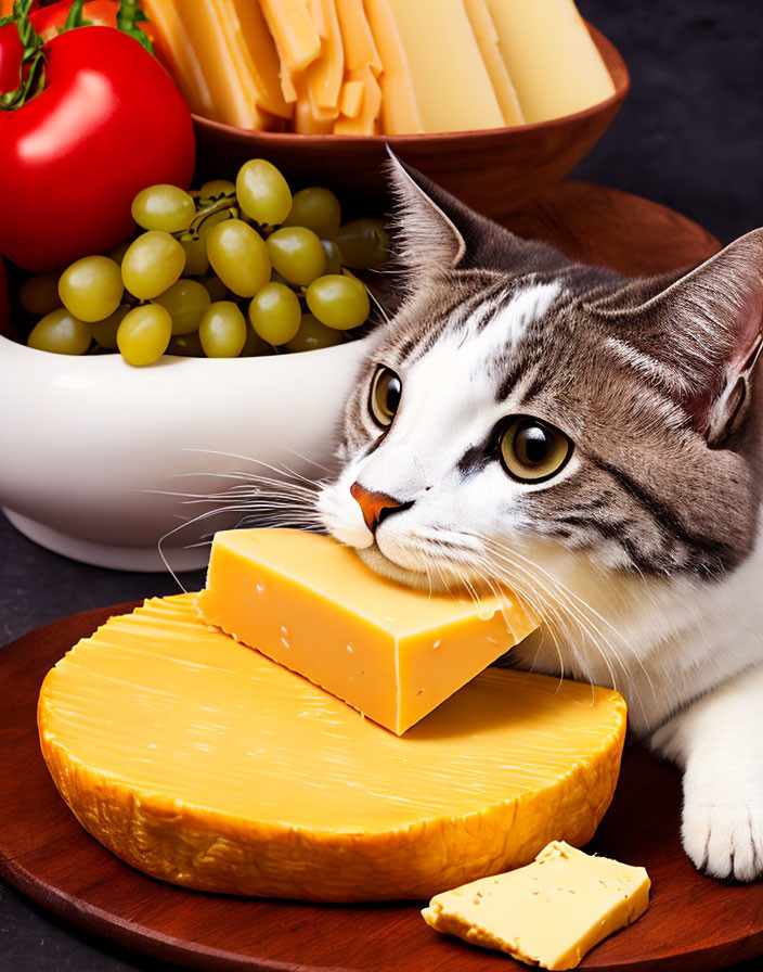 Cat observing cheese and fruits on dark surface