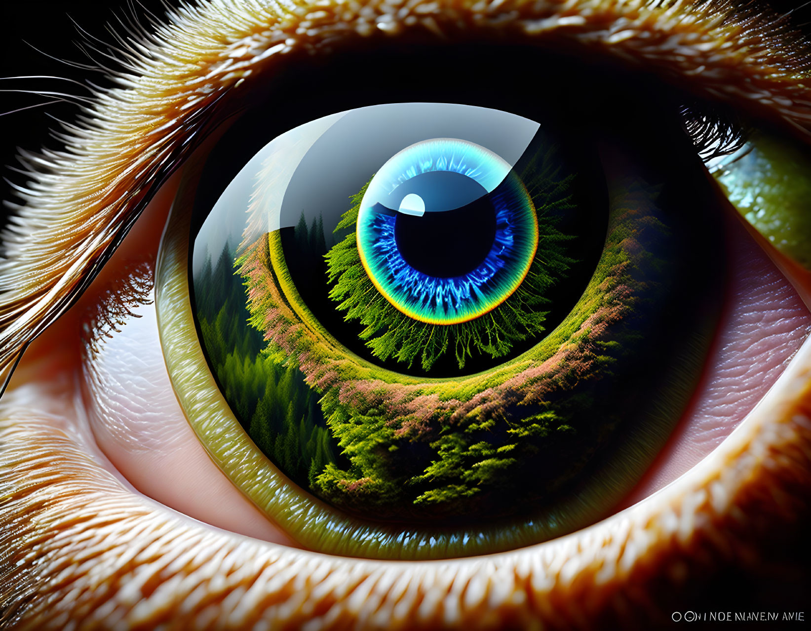 Detailed digital art: Human eye close-up with forest landscape reflection.