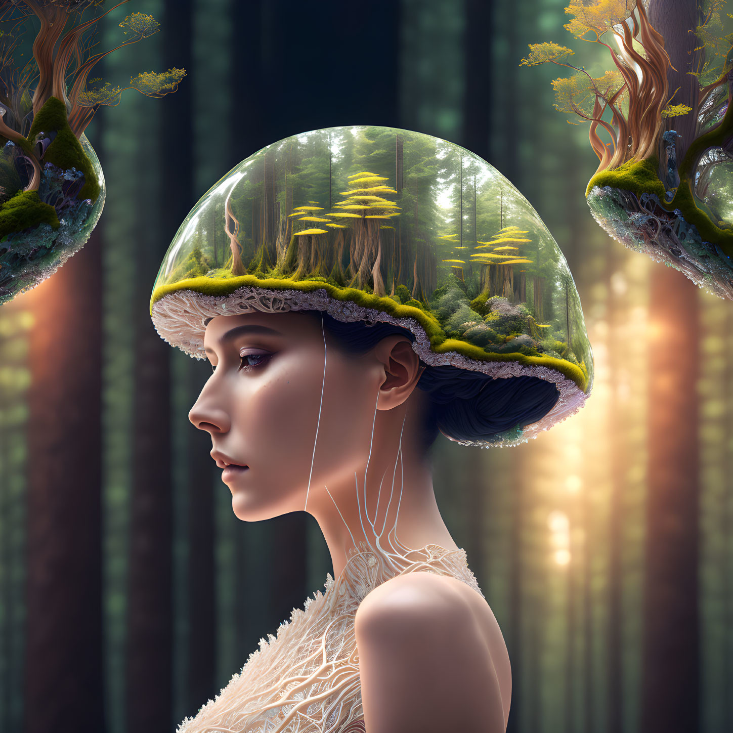 Translucent helmet with miniature forest on woman's head surrounded by tall trees