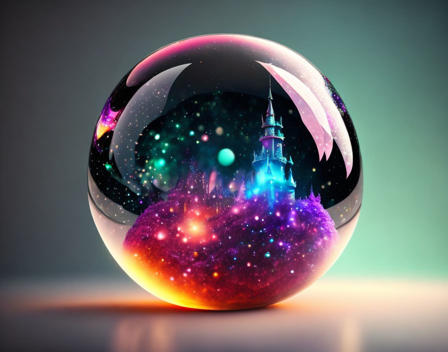 Glowing orb with colorful nebula and fairytale castle silhouette