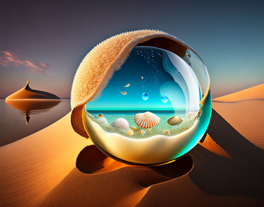 Transparent Sphere with Beach Scene and Desert Background